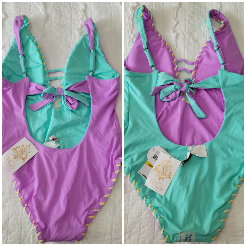 Becca Reversible Deep V Lacie Swimsuit M Aqua & Lilac NWT 🧜🏽‍♀️ Mermaid Colors - Picture 2 of 10